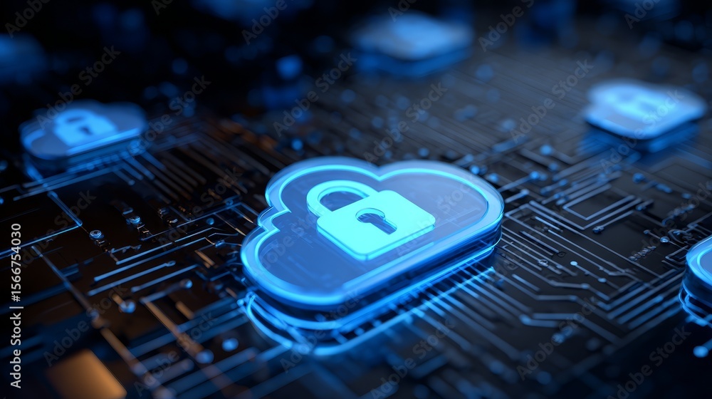 Aufkleber cybersecurity padlock protecting circuit board, digital data protection and network security concept