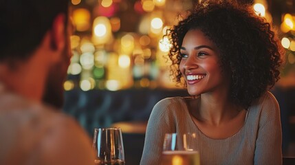 A smiling woman with curly hair sitting at a table in a dimly lit restaurant, enjoying a glass of wine.