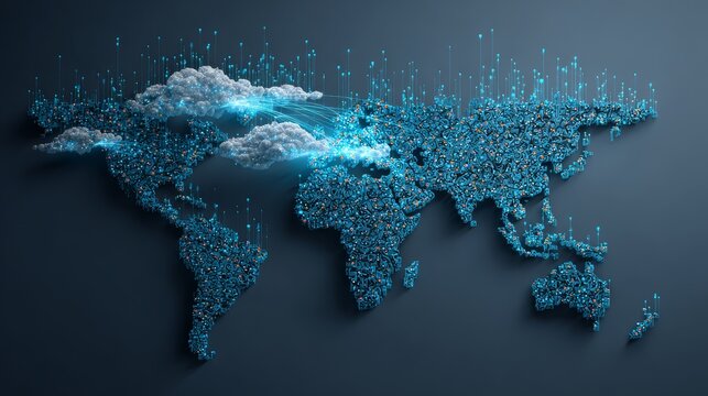 A comprehensive visualization of global interconnections, exploring the world map through dense network of blue points - Powered by Adobe