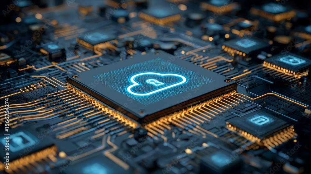 Poster illuminated blue computer chip, symbol of technological advancement and processing power in the digi