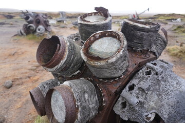 B29 OVEREXPOSED Crash Site, The Peak District, England – June 8 2022: Rusting engine wreckage of B-29 Superfortress crash site in The Peak District, England.
