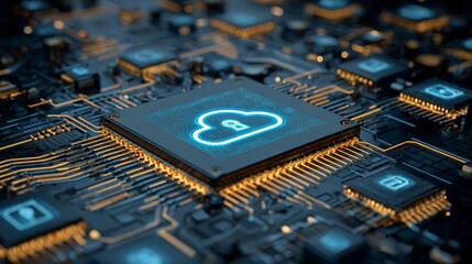 Illuminated blue computer chip, symbol of technological advancement and processing power in the digital age