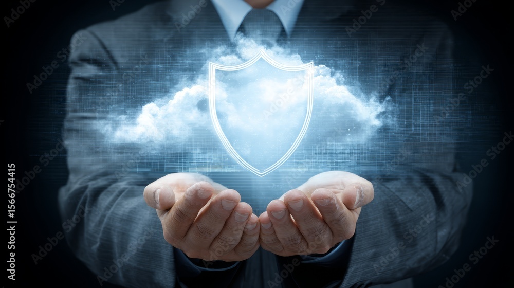 Aufkleber man holding cloud shield, protecting digital data in a secure online environment