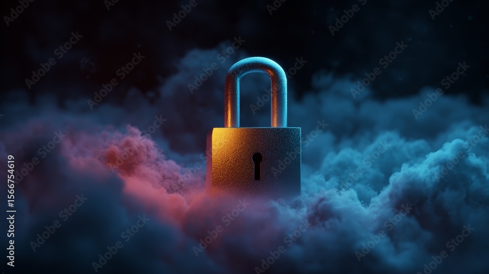 Poster protecting the cloud, secure lock in the sky symbolizing cybersecurity and data protection