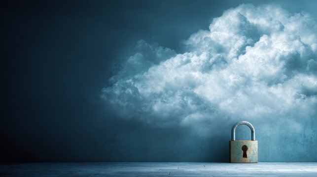 Robust padlock in a room with cloudbackdrop, symbolizing digital data security, online storage, and protection