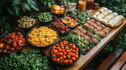 Garden buffet with diverse dishes, drinks, and lush foliage background