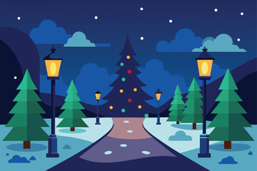 Fototapeta premium Snowy Town Entrance with Lamp Post Vector