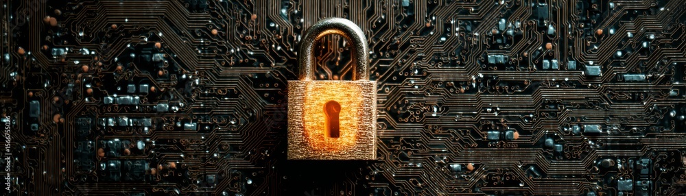 Poster cybersecurity padlock protecting digital circuit, ensuring data security and network protection in t