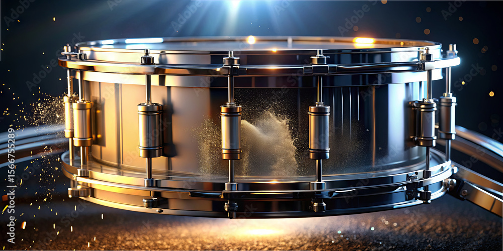 Poster a metallic snare drum floats mid-air, illuminated by bright light effects. dust particles surround i