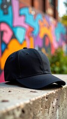 Black cap on concrete wall, graffiti background, selective focus