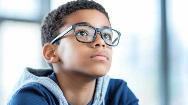 A young boy wearing glasses looking up with a thoughtful expression. - Powered by Adobe