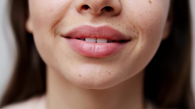  A detailed macro shot focuses on a woman's lower face, highlighting her full pink lips and the natural texture of her skin, including small hairs or stubble above her lip and on her chin. She smiles.
