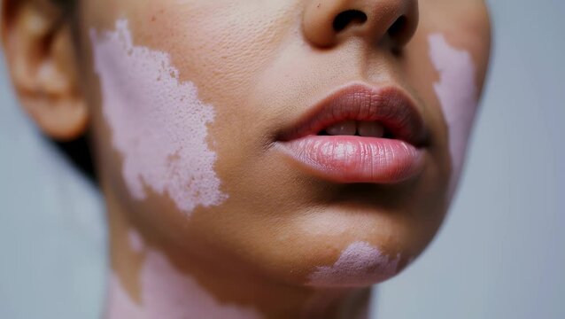 An intimate extreme close-up shows the mouth, chin, and cheeks of a person with vitiligo. The shot details the texture and contrast of the depigmented skin against a simple, plain background.