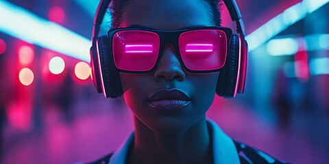 futuristic woman with neon glowing glasses and headphones in cyberpunk environment