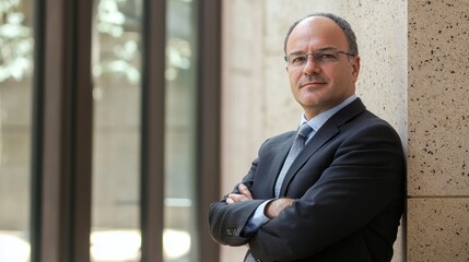 A man in a suit standing in front of a stone wall with his arms crossed.