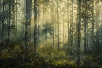 Fototapeta premium A forest with trees and sunlight shining through the trees