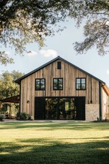 Obraz premium A charming rustic wooden barn features expansive glass doors and is nestled among vibrant greenery, creating a peaceful outdoor atmosphere on a sunny day