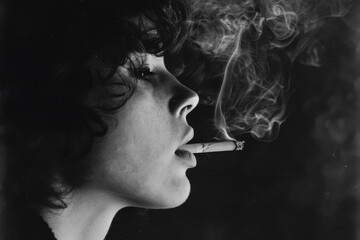 Obraz premium A woman is smoking a cigarette and the smoke is billowing out of her mouth