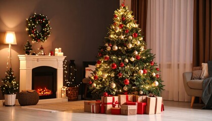 Cozy living room decorated for the holidays with Christmas tree