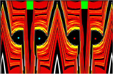 Bold geometric patterns in vibrant red, yellow, and black create a striking visual effect, Symmetrical shapes and curved lines form a rhythmic, almost hypnotic composition.