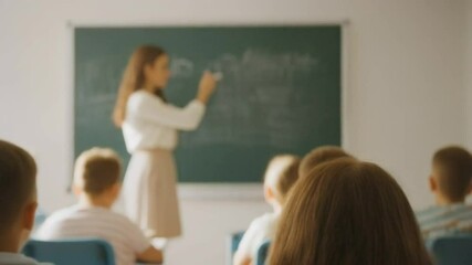 Teacher and students. First day of school – children in classroom with teacher writing on board - Powered by Adobe