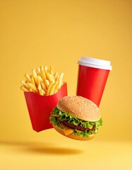 Classic American Fast Food, Cheeseburger, French Fries, and a Drink on a Vibrant Yellow Background