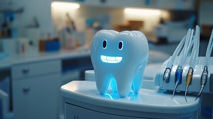 innovative dental robot with smiling tooth design in modern clinic setting
