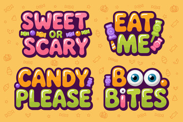 Obraz premium Halloween candy label, sweet or scary, eat me, candy please, boo bites, colorful treat sticker, spooky dessert sign