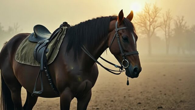 A close-up of a horse without a rider, its head bowed near a symbolic empty saddle, evoking the tragedy of Ashura in a misty morning..