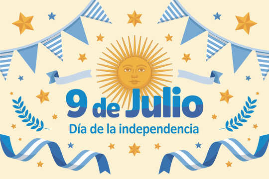 Argentina Independence Day banner, 9 de julio, patriotic celebration, national holiday, festive design, sun and flag illustration