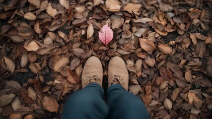 Hiking boots lying on dry autumn leaves, creating textural contrast against muted pink foliage and forest ground background