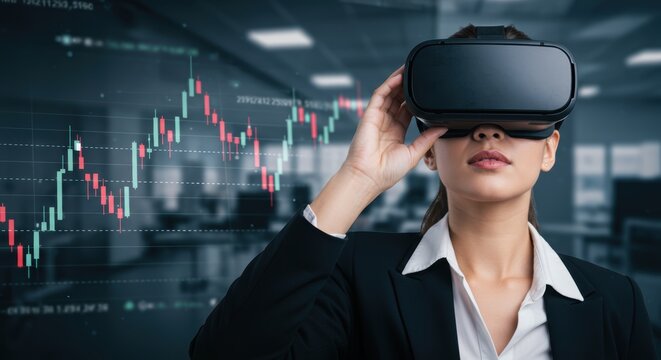 Woman wearing virtual reality headset experiencing metaverse financial technology and digital investment strategy