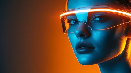 futuristic cyberpunk woman wearing neon light-trimmed visor technology image