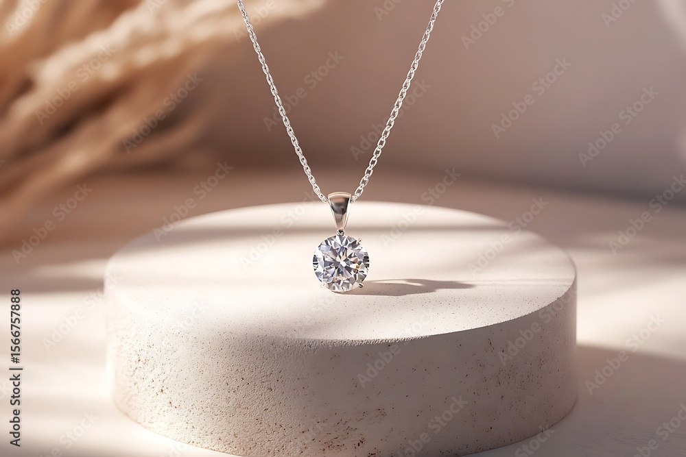 Poster sparkling diamond pendant resting atop a smooth round stone.