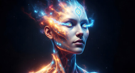 A futuristic portrait of a woman with glowing energy emanating from her head.