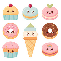 Adorable kawaii desserts collection with cheerful faces isolated on a transparent background cute cupcakes