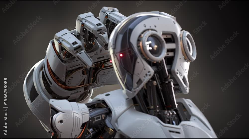 Poster humanoid robot performing precise hand gestures, rotating mechanical head, demonstrating cutting edg