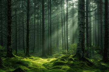 Obraz premium A forest with sunlight shining through the trees