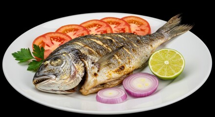 Grilled sea bream served with tomatoes onion lime and parsley on a white plate for a delicious and healthy seafood meal