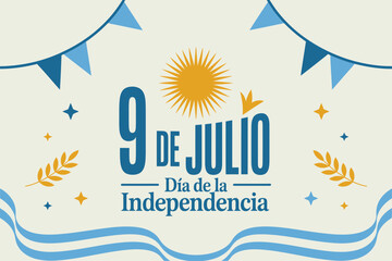 Argentina Independence Day banner, 9 de julio, patriotic celebration, national holiday, festive design, sun and flag illustration