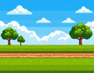 Pixelated sunny meadow with trees, dirt path, and fluffy clouds