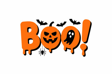 Boo Halloween sign, pumpkin and bat illustration, spooky October greeting, Halloween party invitation, festive holiday design