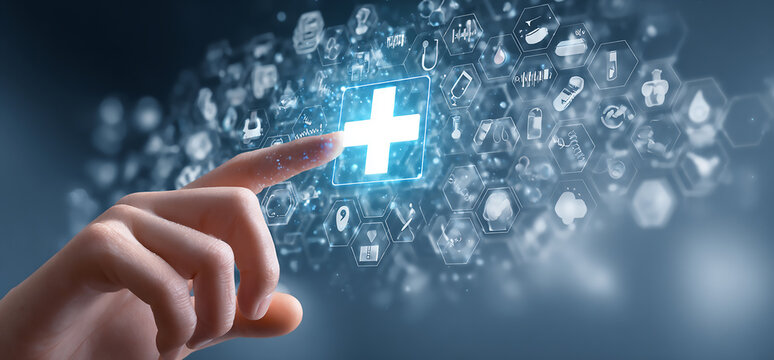 Hand touching a medical cross icon on a blue background with healthcare icons
