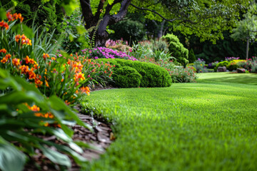 A lush green lawn with a flower garden in the background