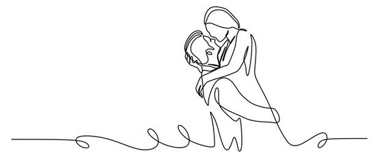 continuous line art of a pair of man and woman in dress and suit performing a wedding reception and hugging. wedding concept. this icon is for invitation cards.