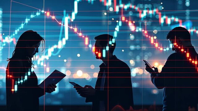 Group of people are standing in front of a screen with a graph on it. They are all looking at their phones - Powered by Adobe