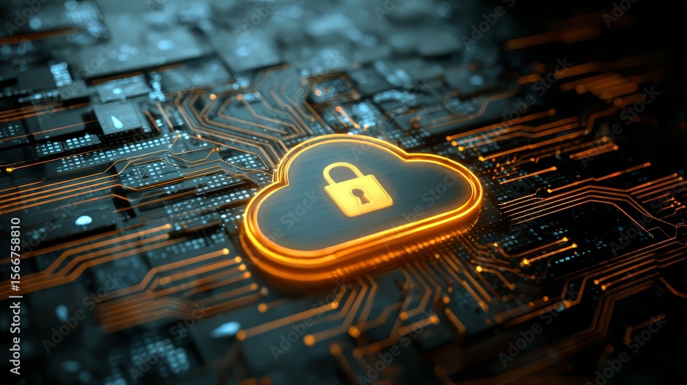 Aufkleber cybersecurity lock on circuit board, protecting digital data in the modern age cybersecurity