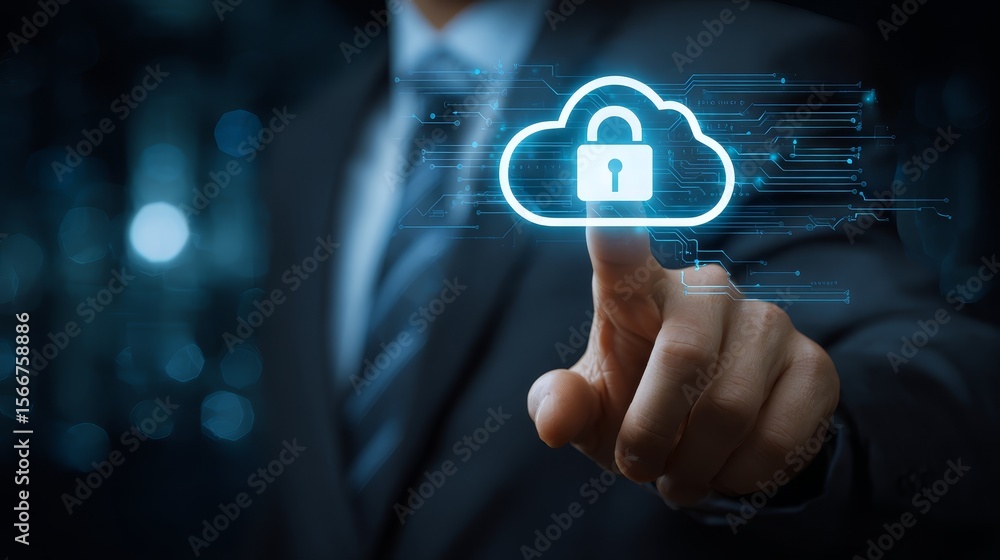 Poster cybersecurity and data protection, businessman securing cloud computing with padlock