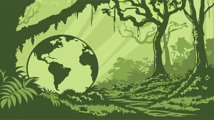 Green earth globe in jungle forest illustration for environmental awareness and conservation concept art