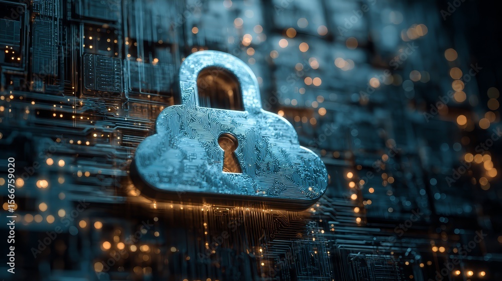 Poster cybersecurity lock on circuit board, protecting digital data in the modern age cybersecurity